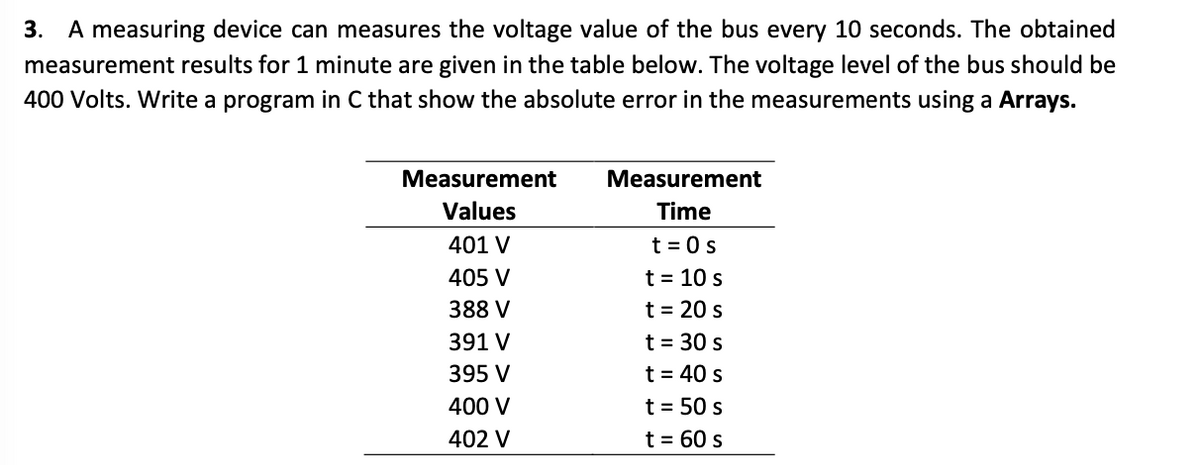 3. A measuring device can measures the voltage value of the bus every 10 seconds. The obtained
measurement results for 1 minute are given in the table below. The voltage level of the bus should be
400 Volts. Write a program in C that show the absolute error in the measurements using a Arrays.
Measurement
Measurement
Values
Time
401 V
t = 0s
405 V
t = 10 s
388 V
t = 20 s
t = 30 s
t = 40 s
391 V
395 V
400 V
t = 50 s
402 V
t = 60 s
