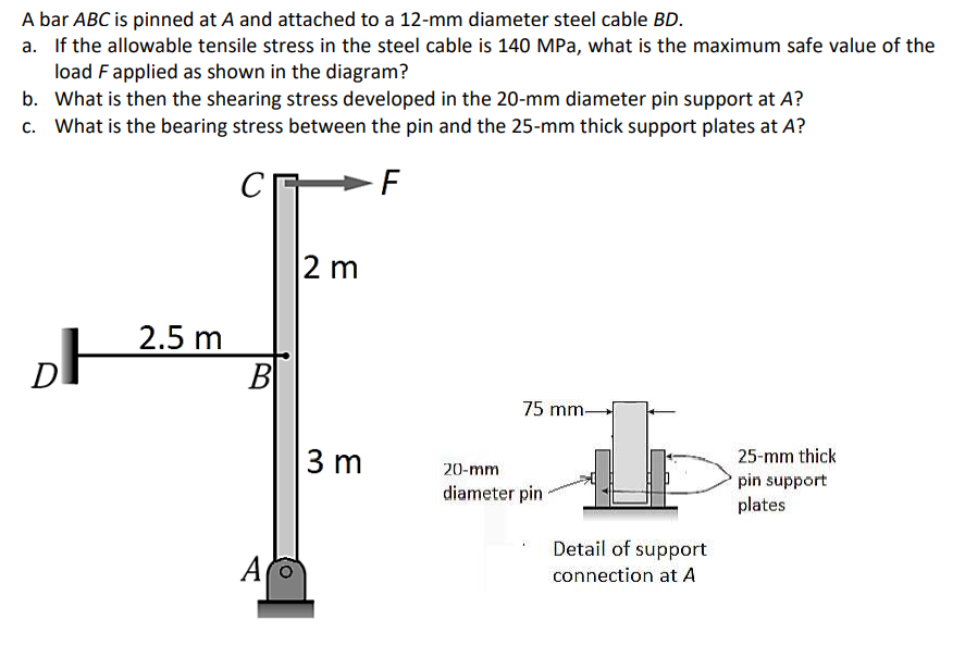 A bar ABC is pinned at A and attached to a 12-mm diameter steel cable BD.
a. If the allowable tensile stress in the steel cable is 140 MPa, what is the maximum safe value of the
load Fapplied as shown in the diagram?
b. What is then the shearing stress developed in the 20-mm diameter pin support at A?
c. What is the bearing stress between the pin and the 25-mm thick support plates at A?
2 m
2.5 m
B
75 mm-
3 m
25-mm thick
20-mm
pin support
diameter pin
plates
Detail of support
A
connection at A
