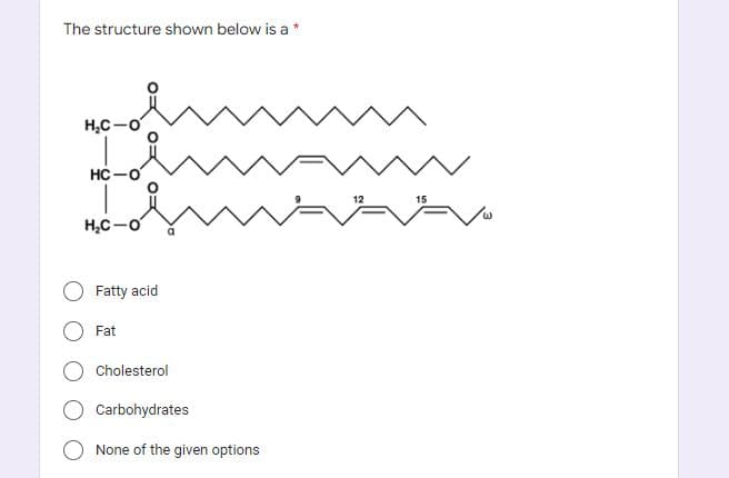 The structure shown below is a *
H₂C
HC-O
H₂C-O
Fatty acid
Fat
Cholesterol
Carbohydrates
None of the given options
12
15