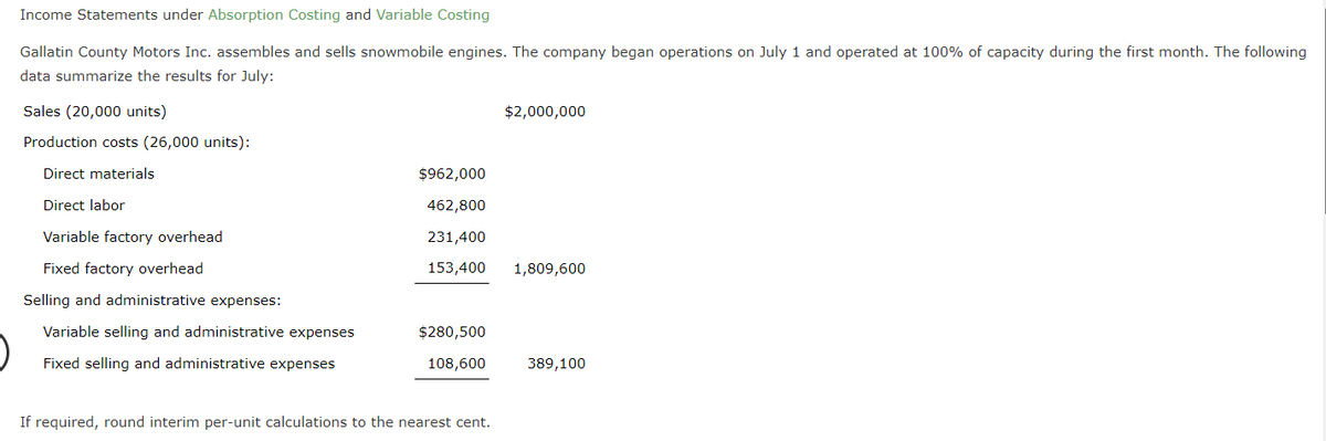 Income Statements under Absorption Costing and Variable Costing
Gallatin County Motors Inc. assembles and sells snowmobile engines. The company began operations on July 1 and operated at 100% of capacity during the first month. The following
data summarize the results for July:
Sales (20,000 units)
Production costs (26,000 units):
Direct materials
Direct labor
Variable factory overhead
Fixed factory overhead
Selling and administrative expenses:
Variable selling and administrative expenses
Fixed selling and administrative expenses
$962,000
462,800
231,400
153,400 1,809,600
$280,500
108,600
$2,000,000
If required, round interim per-unit calculations to the nearest cent.
389,100