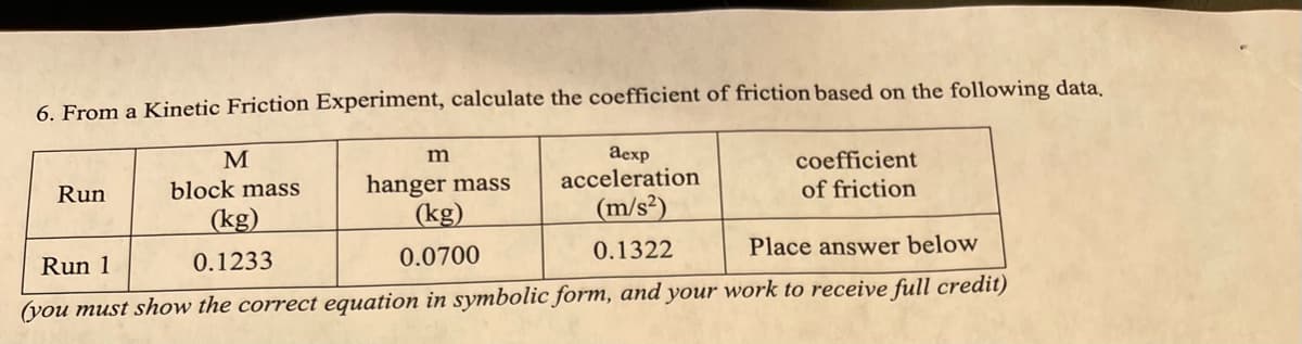 6. From a Kinetic Friction Experiment, calculate the coefficient of friction based on the following data,
dexp
acceleration
(m/s?)
M
coefficient
hanger mass
(kg)
Run
block mass
of friction
(kg)
0.1322
Place answer below
Run 1
0.1233
0.0700
(you must show the correct equation in symbolic form, and your work to receive full credit)
