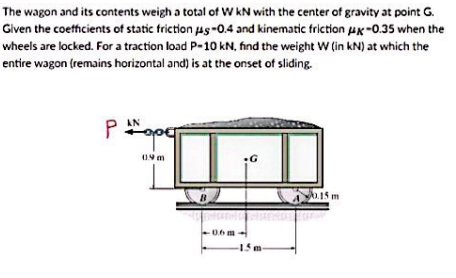 The wagon and its contents weigh a total of W KN with the center of gravity at point G.
Given the coefficients of static friction μs-0.4 and kinematic friction #x-0.35 when the
wheels are locked. For a traction load P-10 kN, find the weight W (in kN) at which the
entire wagon (remains horizontal and) is at the onset of sliding.
радорот
0.9m
-G
-15 m
40.15 m