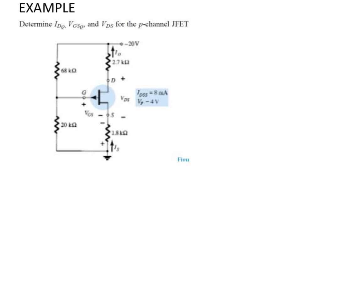 EXAMPLE
Determine Ipo, VGSq, and Vps for the p-channel JFET
-20V
2.7 k2
68 kQ
oss =8 aA
Vps
V-4V
Vos
20 ka
1.8k
Fiou
