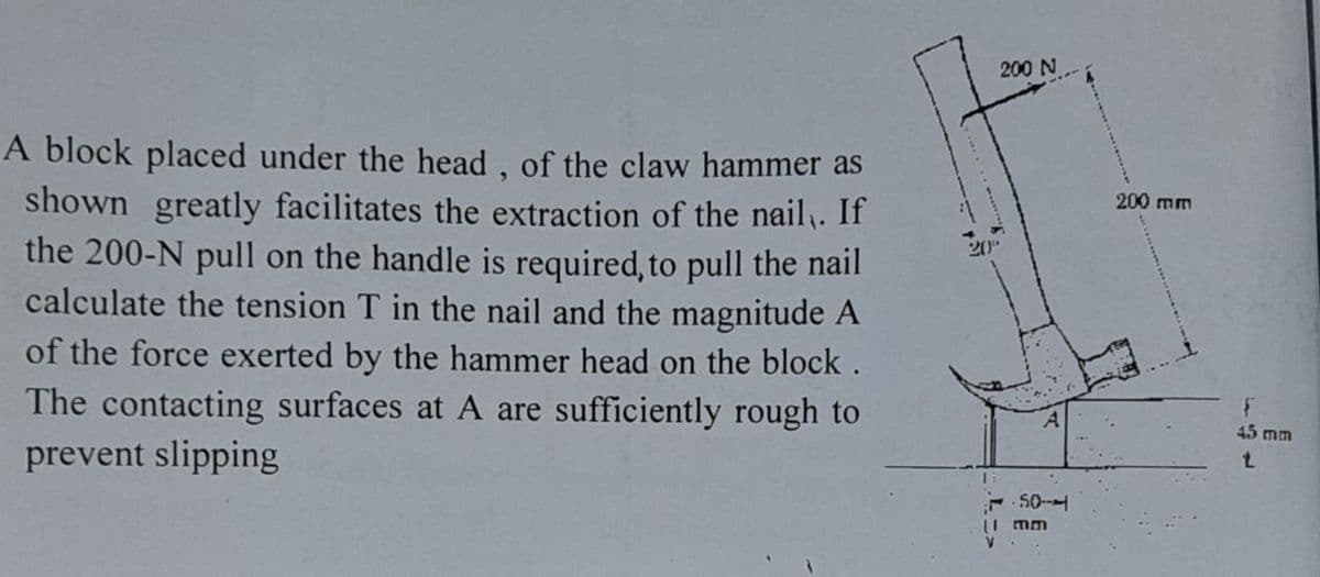 200 N
A block placed under the head, of the claw hammer as
shown greatly facilitates the extraction of the nail. If
the 200-N pull on the handle is required, to pull the nail
calculate the tension T in the nail and the magnitude A
of the force exerted by the hammer head on the block.
The contacting surfaces at A are sufficiently rough to
200 mm
20
45 mm
prevent slipping
1.
50-
|Imm
L->

