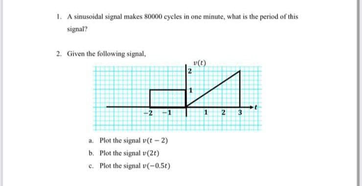 1. A sinusoidal signal makes 80000 cycles in one minute, what is the period of this
signal?
2. Given the following signal,
-2
a. Plot the signal v(t-2)
b. Plot the signal v(2t)
c. Plot the signal v(-0.5t)
2
A
v(t)
2