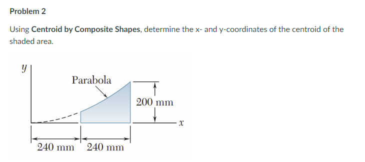 Problem 2
Using Centroid by Composite Shapes, determine the x- and y-coordinates of the centroid of the
shaded area.
Parabola
200 mm
240 mm
240 mm

