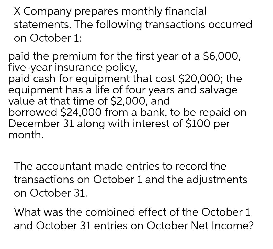 X Company prepares monthly financial
statements. The following transactions occurred
on October 1:
paid the premium for the first year of a $6,000,
five-year insurance policy,
paid cash for equipment that cost $20,000; the
equipment has a life of four years and salvage
value at that time of $2,000, and
borrowed $24,000 from a bank, to be repaid on
December 31 along with interest of $100 per
month.
The accountant made entries to record the
transactions on October 1 and the adjustments
on October 31.
What was the combined effect of the October 1
and October 31 entries on October Net Income?
