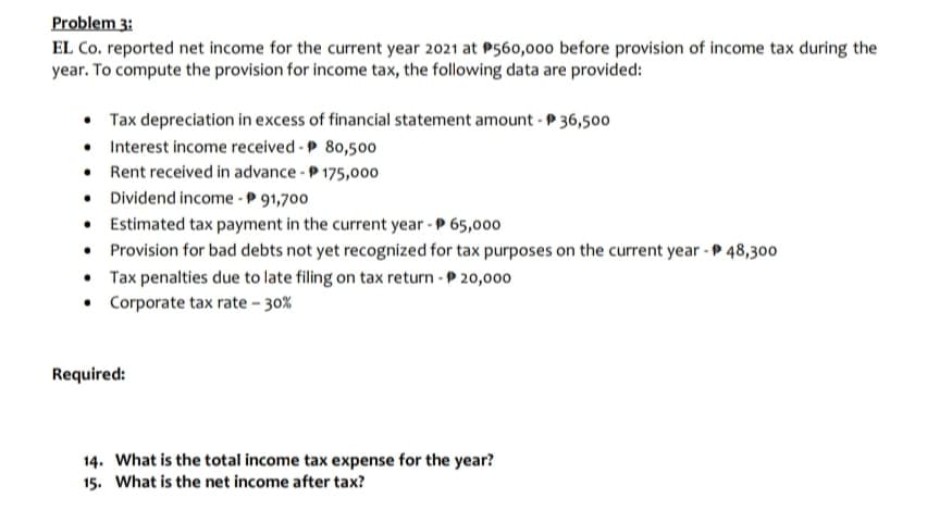 Problem 3:
EL Co. reported net income for the current year 2021 at P560,000 before provision of income tax during the
year. To compute the provision for income tax, the following data are provided:
• Tax depreciation in excess of financial statement amount - P 36,500
• Interest income received - P 80,500
• Rent received in advance - P 175,000
• Dividend income - P 91,700
• Estimated tax payment in the current year - P 65,000
• Provision for bad debts not yet recognized for tax purposes on the current year - P 48,300
• Tax penalties due to late filing on tax return - P 20,000
• Corporate tax rate - 30%
Required:
14. What is the total income tax expense for the year?
15. What is the net income after tax?

