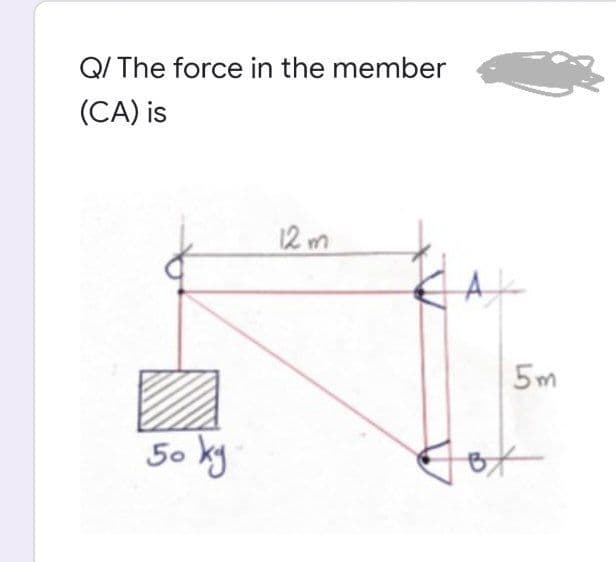 Q/ The force in the member
(CA) is
12m
50 ку.
5m
BY