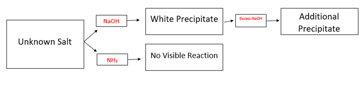 White Precipitate
Additional
Excess NaOH
NaOH
Precipitate
Unknown Salt
No Visible Reaction
NH3
