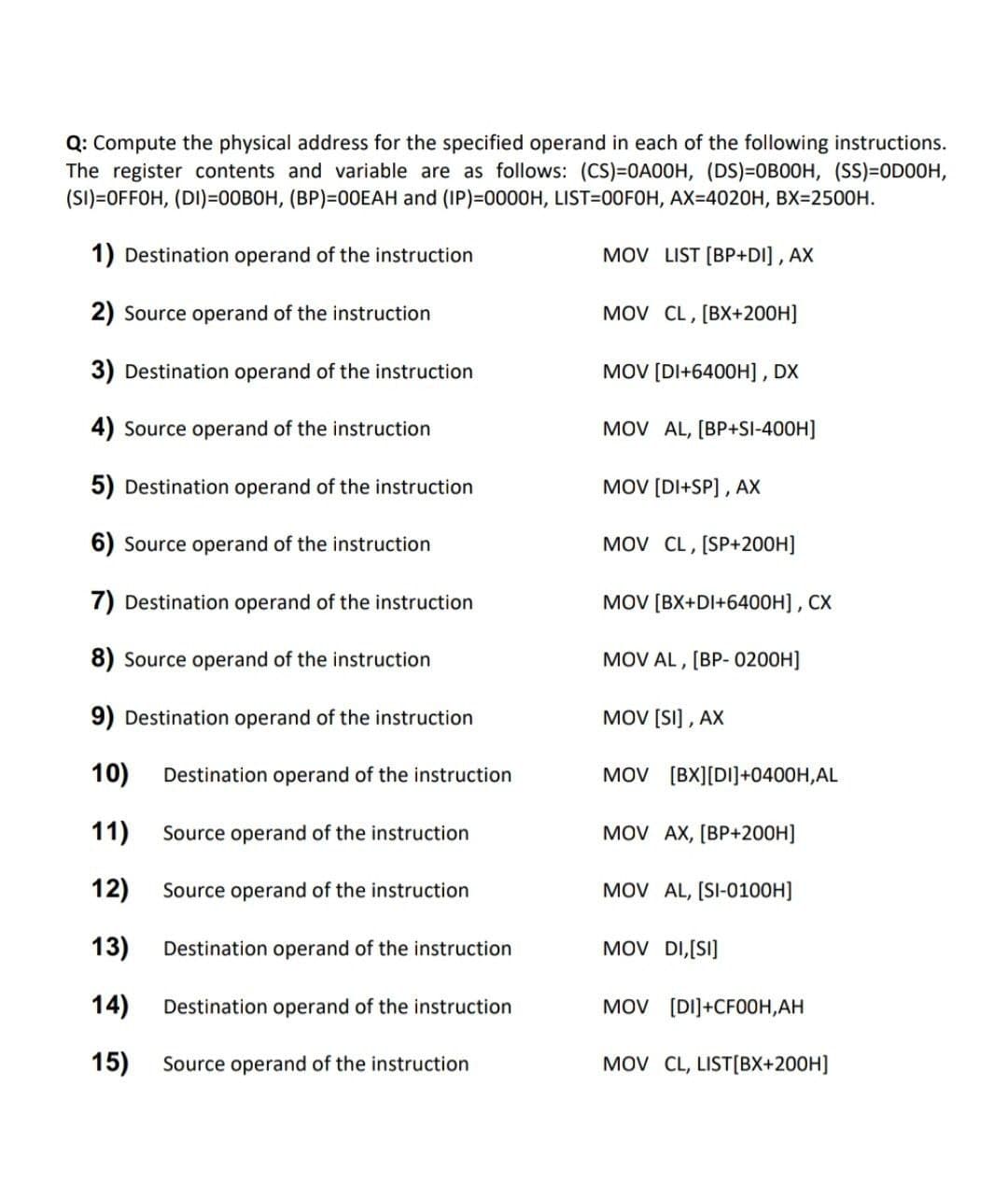 Q: Compute the physical address for the specified operand in each of the following instructions.
The register contents and variable are as follows: (CS)=0A00H, (DS)=0B00H, (SS)=0D00H,
(SI)=OFFOH, (DI)=00BOH, (BP)=00EAH and (IP)=00O0H, LIST=00FOH, AX=4020H, BX=2500H.
1) Destination operand of the instruction
MOV LIST [BP+DI] , AX
2) Source operand of the instruction
MOV CL, [BX+200H]
3) Destination operand of the instruction
MOV [DI+6400H] , DX
4) Source operand of the instruction
MOV AL, [BP+SI-400H]
5) Destination operand of the instruction
MOV [DI+SP] , AX
6) Source operand of the instruction
MOV CL, [SP+200H]
7) Destination operand of the instruction
MOV [BX+DI+6400H] , CX
8) Source operand of the instruction
MOV AL , [BP- 0200H]
9) Destination operand of the instruction
MOV [SI] , AX
10)
Destination operand of the instruction
MOV [BX][DI]+0400H,AL
11)
Source operand of the instruction
MOV AX, [BP+200H]
12)
Source operand of the instruction
MOV AL, [SI-0100H]
13)
Destination operand of the instruction
MOV DI,[SI]
14)
Destination operand of the instruction
MOV [DI]+CFO0H,AH
15)
Source operand of the instruction
MOV CL, LIST[BX+200H]
