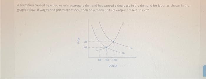 A recession caused by a decrease in aggregate demand has caused a decrease in the demand for labor as shown in the
graph below. If wages and prices are sticky, then how many units of output are left unsold?
Price
530
538
100 110 1200
Output
Di