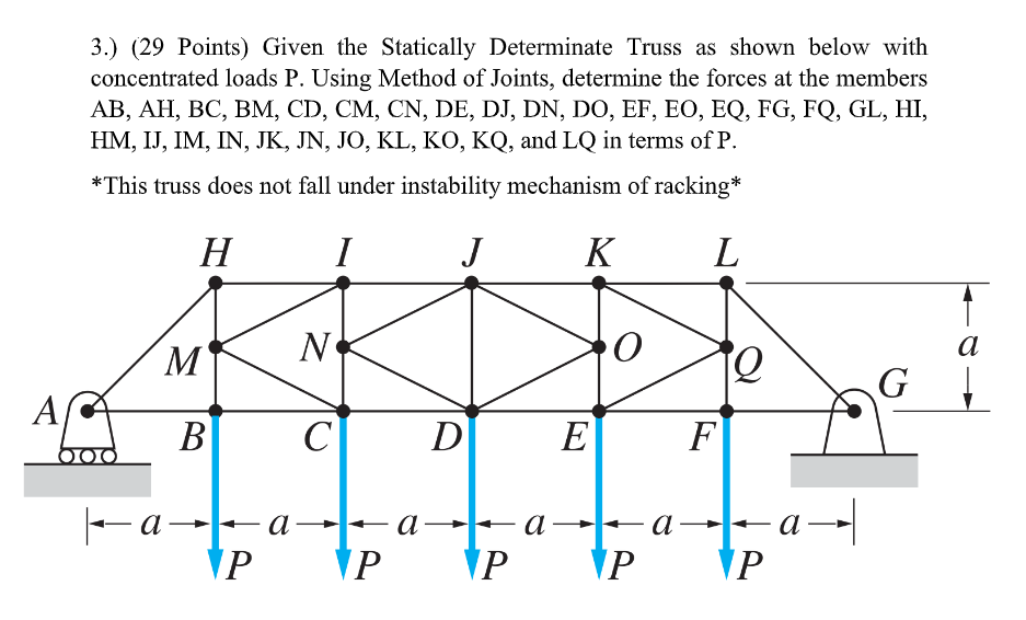 3.) (29 Points) Given the Statically Determinate Truss as shown below with
concentrated loads P. Using Method of Joints, determine the forces at the members
AB, AH, BC, BM, CD, CM, CN, DE, DJ, DN, DO, EF, EO, EQ, FG, FQ, GL, HI,
HM, IJ, IM, IN, JK, JN, JO, KL, KO, KQ, and LQ in terms of P.
*This truss does not fall under instability mechanism of racking*
H
I
J
K
L
M
N
G
A
В
C
D
E
F
— а —-— а -— а—-а
VP
a
a
a
P
VP
VP
VP
