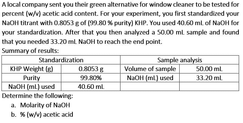 A local company sent you their green alternative for window cleaner to be tested for
percent (w/v) acetic acid content. For your experiment, you first standardized your
NaOH titrant with 0.8053 g of (99.80 % purity) KHP. You used 40.60 mL of NaOH for
your standardization. After that you then analyzed a 50.00 mL sample and found
that you needed 33.20 ml NaOH to reach the end point.
Summary of results:
Standardization
Sample analysis
KHP Weight (g)
Purity
NaOH (mL) used
Determine the following:
0.8053 g
Volume of sample
50.00 mL
99.80%
NaOH (mL) used
33.20 mL
40.60 mL
a. Molarity of NaOH
b. % (w/v) acetic acid
