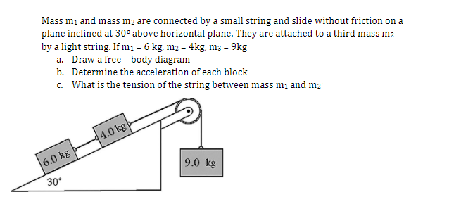 Mass m₁ and mass m2 are connected by a small string and slide without friction on a
plane inclined at 30° above horizontal plane. They are attached to a third mass m2
by a light string. If m₁ = 6 kg, m2 = 4kg, m3 = 9kg
a. Draw a free body diagram
b. Determine the acceleration of each block
c. What is the tension of the string between mass m₁ and m2
6.0 kg
30°
4.0 kg
9.0 kg