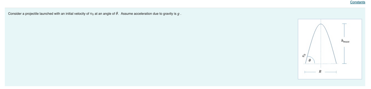 Constants
T
Consider a projectile launched with an initial velocity of vo at an angle of 0. Assume acceleration due to gravity is g
hmax
