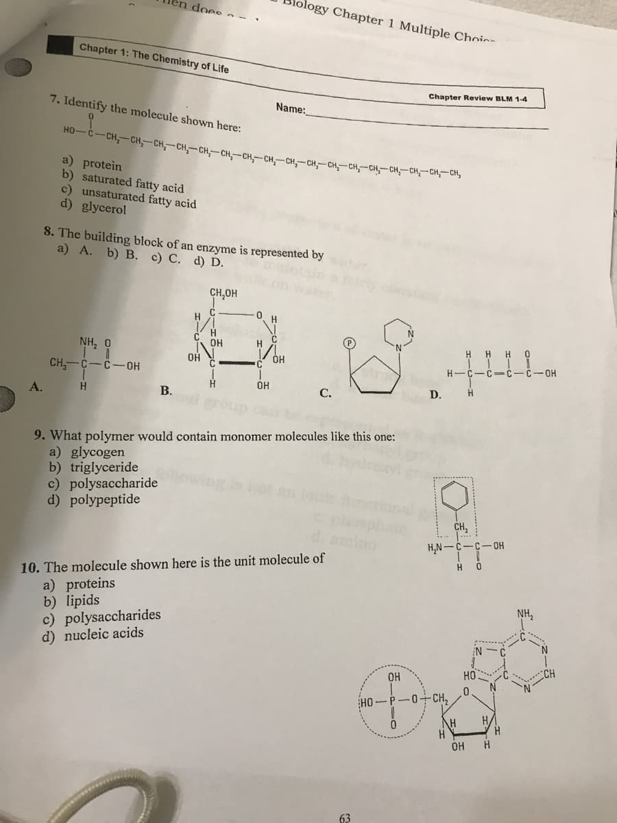 Chapter 1: The Chemistry of Life
7. Identify the molecule shown here:
HO–CH, CHỊ CHỊ CHỊCH CHỊCH CHỊCH CH
a) protein
b) saturated fatty acid
c) unsaturated fatty acid
d) glycerol
CH₂-
en does n-
NH, 0
1
C -OH
8. The building block of an enzyme is represented by
a) A. b) B. c) C. d) D.
CH₂OH
H
c) polysaccharide
d) polypeptide
B.
OH
c) polysaccharides
d) nucleic acids
OH
0
H
ology Chapter 1 Multiple Choi
OH
Name:
OH
9. What polymer would contain monomer molecules like this one:
a) glycogen
b) triglyceride
C.
10. The molecule shown here is the unit molecule of
a) proteins
b) lipids
63
Chapter Review BLM 1-4
-CH₂-CH₂-CH,
D.
H-
öff
H
OH
fr
HO-E
-0+CH,
H
CH,
H₂N-C- -OH
H
¡N-C
HO
0
N
H/
OH H
H
NH₂
N
-OH
N
CH