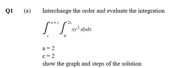 Q1 (a)
Interchange the order and evaluate the integration
a+c 2x
Lot
xy² dydx
a = 2
c=2
show the graph and steps of the solution