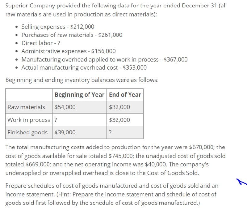 Superior Company provided the following data for the year ended December 31 (all
raw materials are used in production as direct materials):
• Selling expenses - $212,000
• Purchases of raw materials - $261,000
• Direct labor - ?
• Administrative expenses - $156,000
Manufacturing overhead applied to work in process - $367,000
• Actual manufacturing overhead cost - $353,000
Beginning and ending inventory balances were as follows:
Beginning of Year End of Year
Raw materials
$54,000
Work in process?
Finished goods $39,000
$32,000
$32,000
?
The total manufacturing costs added to production for the year were $670,000; the
cost of goods available for sale totaled $745,000; the unadjusted cost of goods sold
totaled $669,000; and the net operating income was $40,000. The company's
underapplied or overapplied overhead is close to the Cost of Goods Sold.
Prepare schedules of cost of goods manufactured and cost of goods sold and an
income statement. (Hint: Prepare the income statement and schedule of cost of
goods sold first followed by the schedule of cost of goods manufactured.)