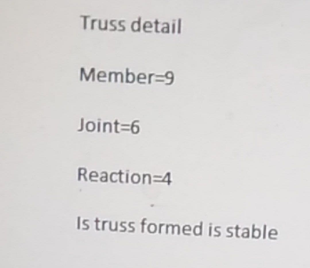 Truss detail
Member=9
Joint=6
Reaction=4
Is truss formed is stable
