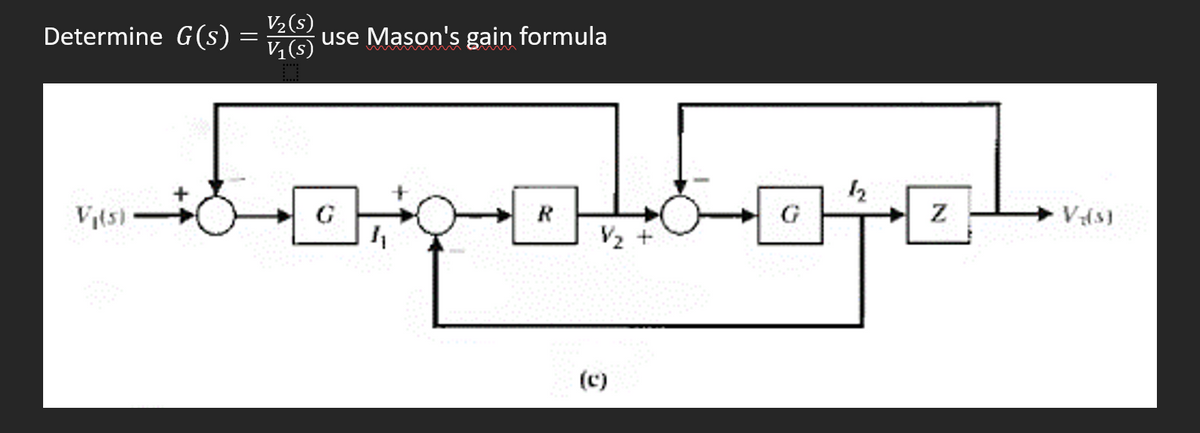 Determine G(s)
V₂(s)
V₁(s)
V₁(s)
use Mason's gain formula
Sopolbojel
R
G
(c)
G
Z
V-(s)
