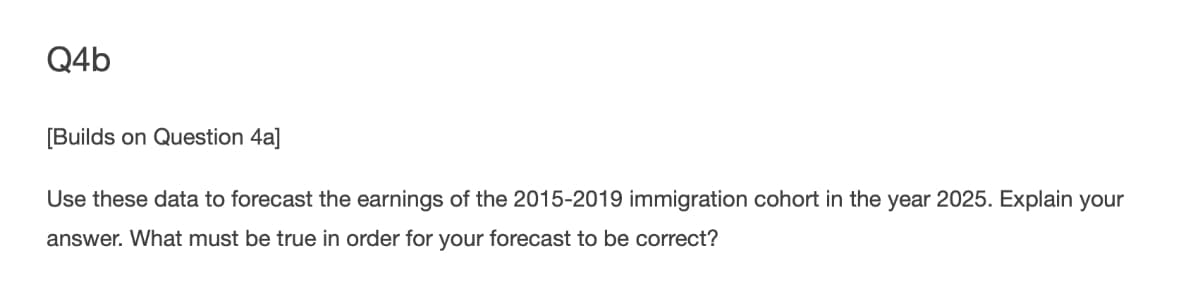 Q4b
[Builds on Question 4a]
Use these data to forecast the earnings of the 2015-2019 immigration cohort in the year 2025. Explain your
answer. What must be true in order for your forecast to be correct?
