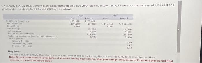 On January 1, 2024, HGC Camera Store adopted the dollar-value LIFO retail inventory method. Inventory transactions at both cost and
retail, and cost indexes for 2024 and 2025 are as follows:
Beginning inventory
Net purchases
Freight-in
Netmarkups
Netmarkdowns
Set sales to customers
Sales to employees (net of 10% discount)
Price Inde
January 1, 2024-
December 31, 2034
December 31, 2025
2024
Cost
$ 57,000
109,160
3,800
Retail
$ 76,000
126,000
19,000
3,800
124,460
4,500
Cost
2025
$115,150
4,300
Retail
$ 132,400
11,600
4,000
120,440
1.00
1.07
1.12
Required:
Estimate the 2024 and 2025 ending inventory and cost of goods sold using the dollar-value LIFO retail inventory method.
Note: Do not round other intermediate calculations. Round your cost-to-retail percentage calculation to 2 decimal places and final
answers to the nearest whole dollar.