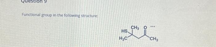 estion 9
Functional group in the following structure:
HS.
H₂C
CH3
дня он
CH₂