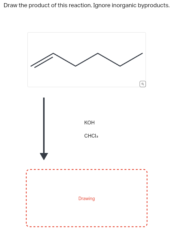 Draw the product of this reaction. Ignore inorganic byproducts.
KOH
CHCI 3
Drawing
€