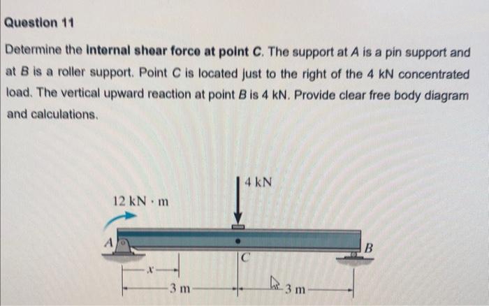 Question 11
Determine the Internal shear force at point C. The support at A is a pin support and
at B is a roller support. Point C is located just to the right of the 4 kN concentrated
load. The vertical upward reaction at point B is 4 kN. Provide clear free body diagram
and calculations.
12 kNm
A
x4
-3 m
4 kN
C
-3 m
B