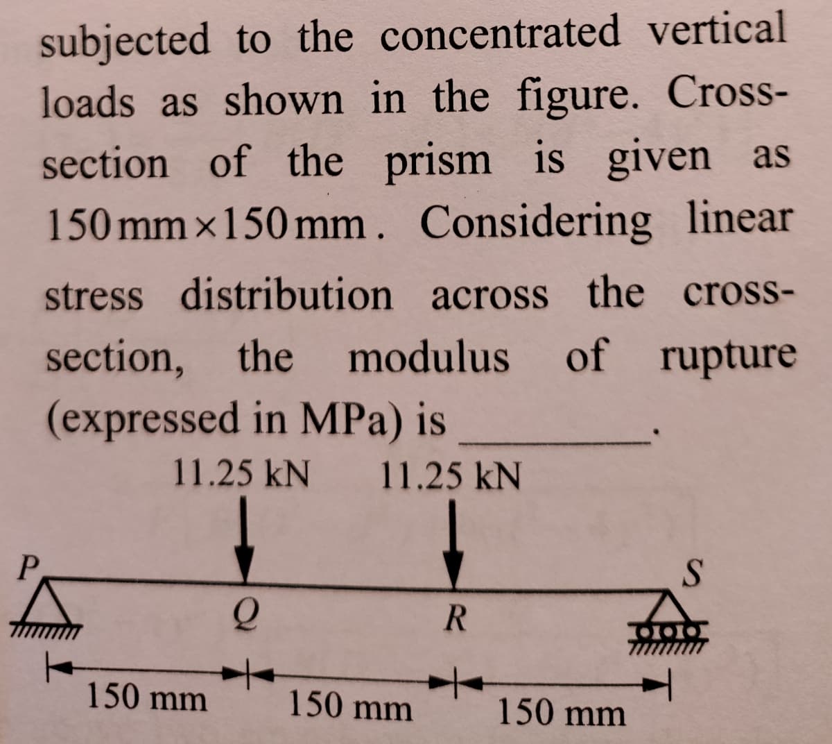 subjected to the concentrated vertical
loads as shown in the figure. Cross-
section of the prism is given as
150 mm x150 mm. Considering linear
stress distribution across the cross-
section, the modulus of rupture
(expressed in MPa) is
11.25 kN
11.25 kN
P
150 mm
150 mm
150 mm
