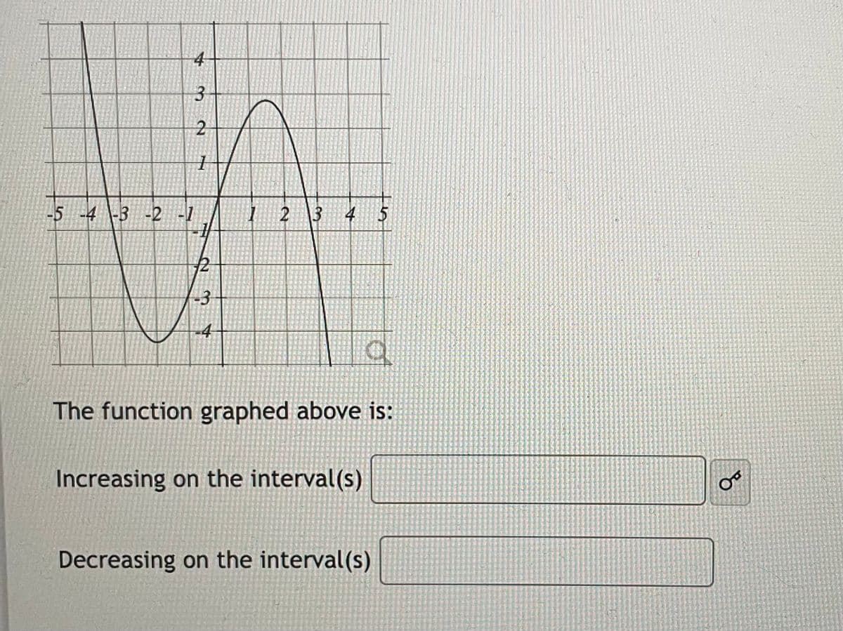 3.
-5 -4 -3 -2
-1
I 2 3
4
5
12
-3
-4
The function graphed above is:
Increasing on the interval(s)
Decreasing on the interval(s)
