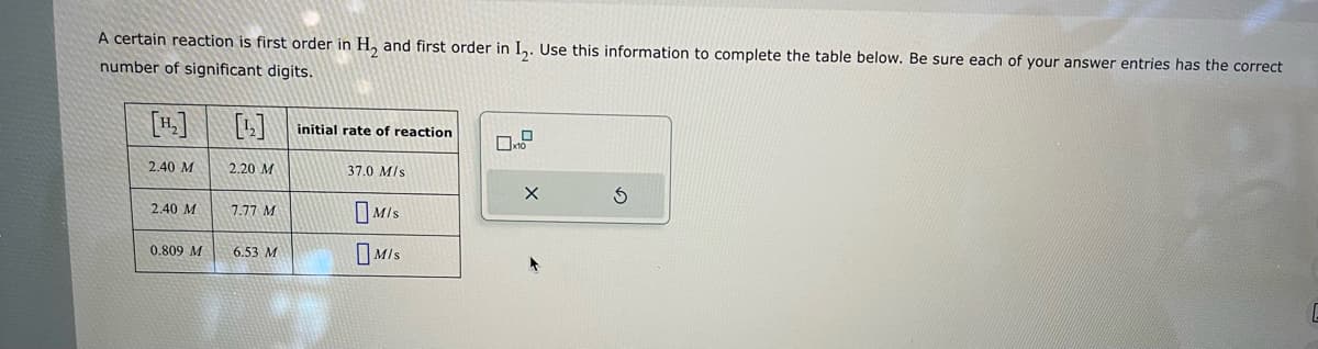 A certain reaction is first order in H2 and first order in I2. Use this information to complete the table below. Be sure each of your answer entries has the correct
number of significant digits.
[1]
[1]
initial rate of reaction
2.40 M
2.20 M
37.0 M/s
2.40 M
7.77 M
M/s
0.809 M
6.53 M
Mis
5