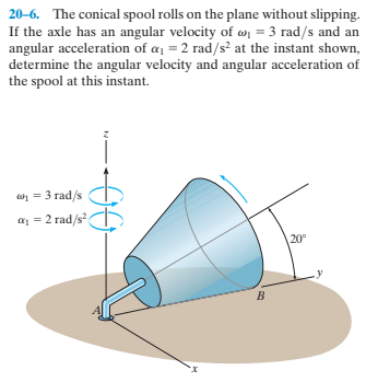 20-6. The conical spool rolls on the plane without slipping.
If the axle has an angular velocity of wn = 3 rad/s and an
angular acceleration of a = 2 rad/s? at the instant shown,
determine the angular velocity and angular acceleration of
the spool at this instant.
w = 3 rad/s
as = 2 rad/s²
20
B.
