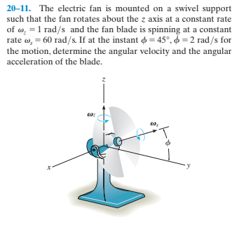 20-11. The electric fan is mounted on a swivel support
such that the fan rotates about the z axis at a constant rate
of w, = 1 rad/s and the fan blade is spinning at a constant
rate w, = 60 rad/s. If at the instant o = 45°, d = 2 rad/s for
the motion, determine the angular velocity and the angular
acceleration of the blade.
