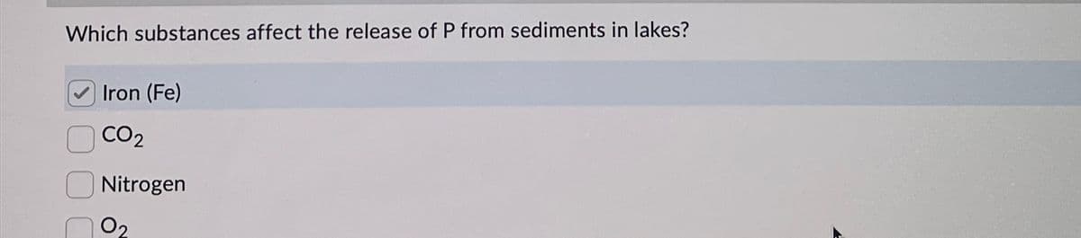 Which substances affect the release of P from sediments in lakes?
Iron (Fe)
CO2
Nitrogen