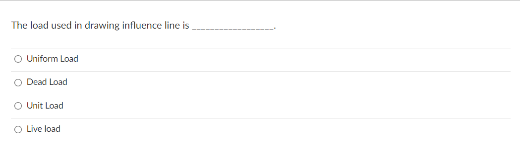The load used in drawing influence line is
O Uniform Load
O Dead Load
O Unit Load
O Live load
