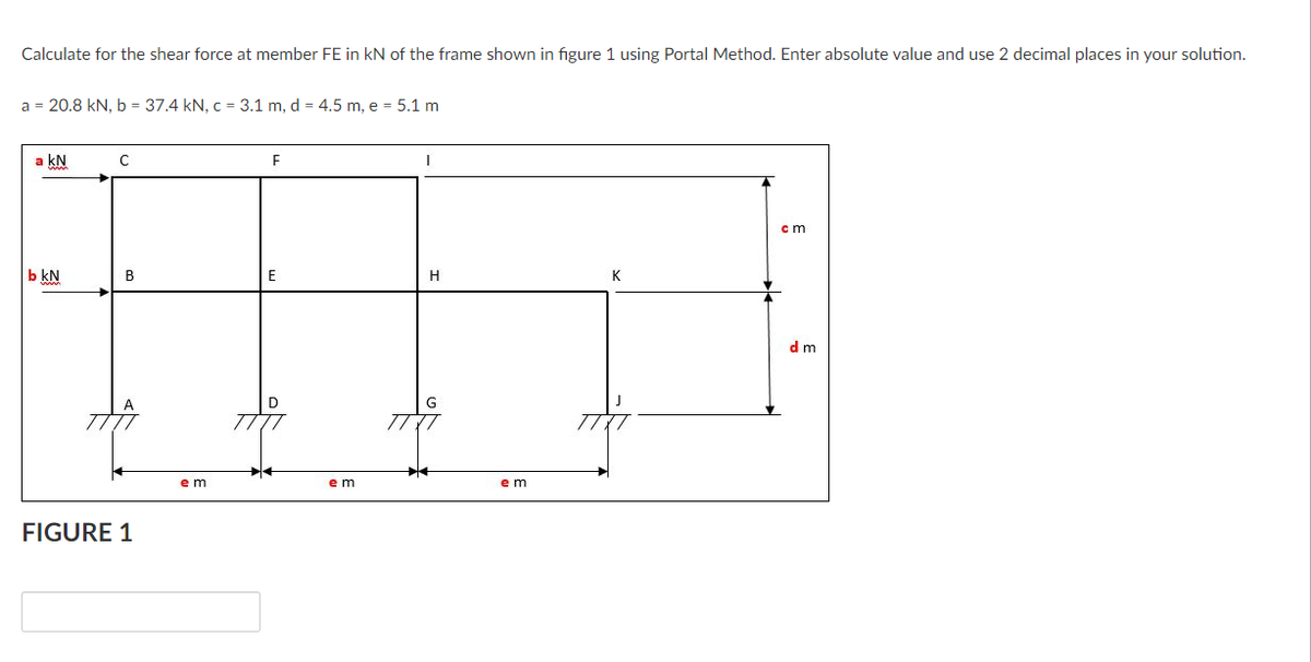 Calculate for the shear force at member FE in kN of the frame shown in figure 1 using Portal Method. Enter absolute value and use 2 decimal places in your solution.
a = 20.8 kN, b = 37.4 kN, c = 3.1 m, d = 4.5 m, e = 5.1 m
a kN
C
cm
b kN
H
K
d m
e m
e m
e m
FIGURE 1
