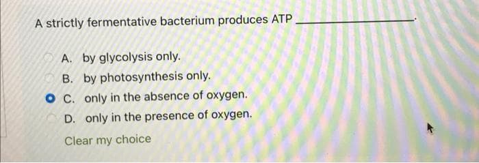 A strictly fermentative bacterium produces ATP.
A. by glycolysis only.
B. by photosynthesis only.
O C. only in the absence of oxygen.
D. only in the presence of oxygen.
Clear my choice
