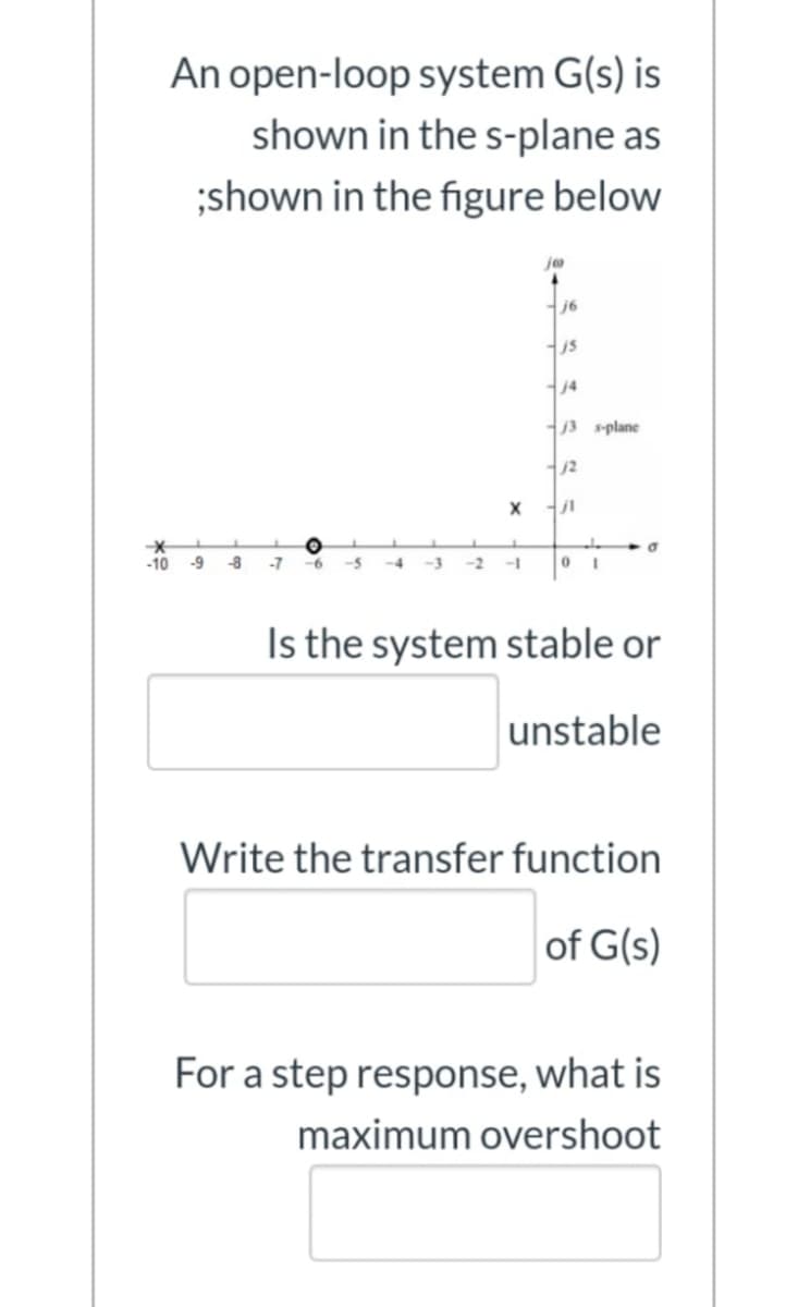 An open-loop system G(s) is
shown in the s-plane as
;shown in the figure below
j6
j4
j3 s-plane
j2
jl
-10
-9
-8
-7
-6
-5
-4
-3
-2
--
Is the system stable or
unstable
Write the transfer function
of G(s)
For a step response, what is
maximum overshoot
