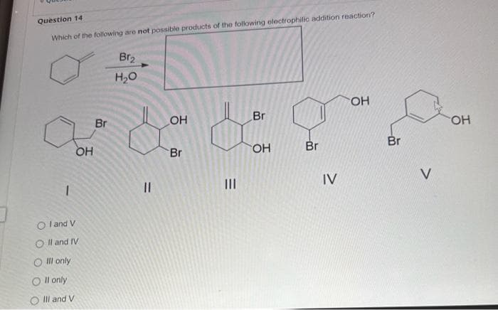 Question 14
Which of the following are not possible products of the following electrophilic addition reaction?
I
OH
OI and V
O II and IV
O Ill only
Oll only
O III and V
Br
Br₂
H₂O
||
OH
Br
=
Br
OH
Br
IV
OH
Br
V
OH