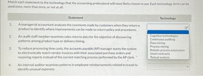 Match each statement to the technology that the accounting professional will most likely choose to use. Each technology term can be
used once, more than once, or not at all:
1.
2.
3.
4.
Statement
A managerial accountant analyzes the comments made by customers when they return a
product to identify where improvements can be made to return policy and procedures.
An audit staff member examines sales returns data for the objective of discovering
patterns among product type or delivery timing.
To reduce processing time costs, the accounts payable (AP) manager wants the system
to electronically match vendor invoices with their associated purchase orders and
receiving reports instead of the current matching process performed by the AP clerk. "
An internal auditor examines patterns in employee reimbursements related to travel to
identify unusual expenses.
Technology
Cognitive technologies
Continuous auditing
Data mining
Process mining
Robotic process automation.
Smart contracts
Textual analysis