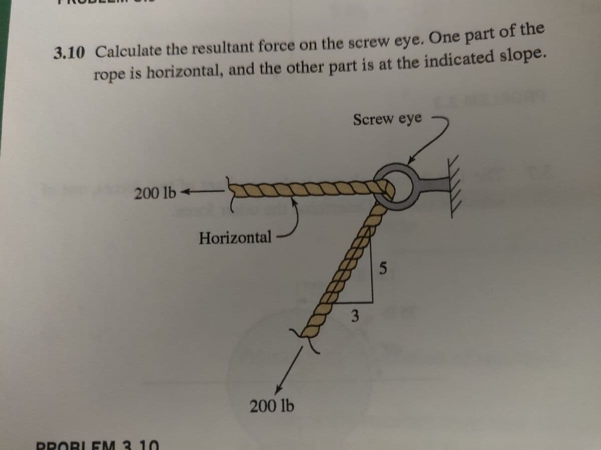 3.10 Calculate the resultant force on the screw eye. One part of the
rope is horizontal, and the other part is at the indicated slope.
200 lb
PROBLEM 3 10
Horizontal
{-
200 lb
Screw eye
3
5