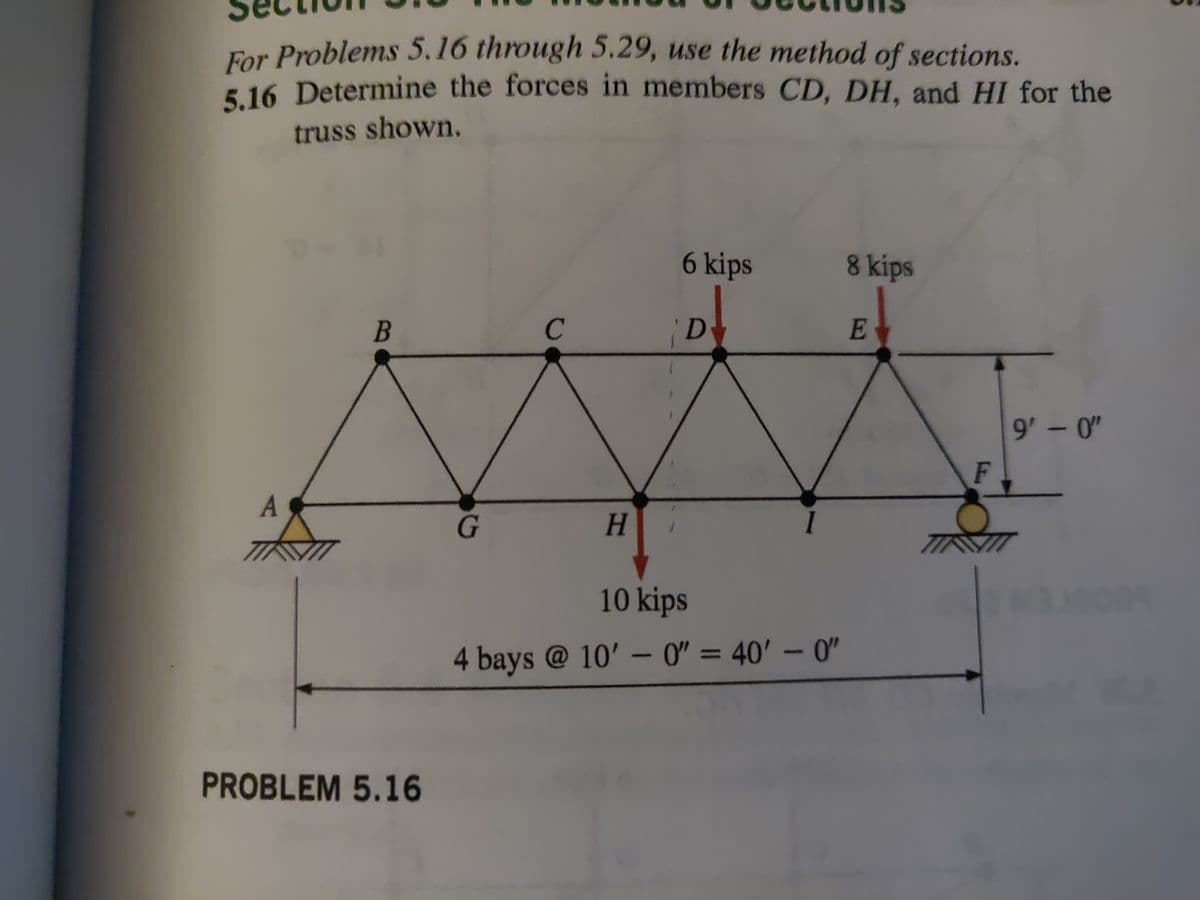 For Problems 5.16 through 5.29, use the method of sections.
5.16 Determine the forces in members CD, DH, and HI for the
truss shown.
A
777
B
PROBLEM 5.16
G
с
H
6 kips
D
10 kips
4 bays @ 10'-0" = 40'-0"
8 kips
E
F
9'-0"