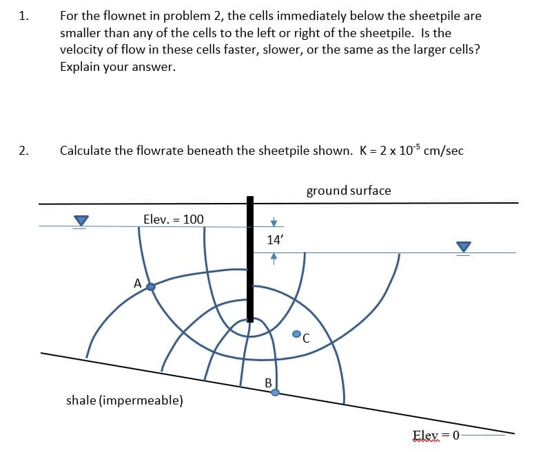 1.
2.
For the flownet in problem 2, the cells immediately below the sheetpile are
smaller than any of the cells to the left or right of the sheetpile. Is the
velocity of flow in these cells faster, slower, or the same as the larger cells?
Explain your answer.
Calculate the flowrate beneath the sheetpile shown. K = 2 x 105 cm/sec
A
Elev. = 100
shale (impermeable)
14'
B
ground surface
C
Elex=0