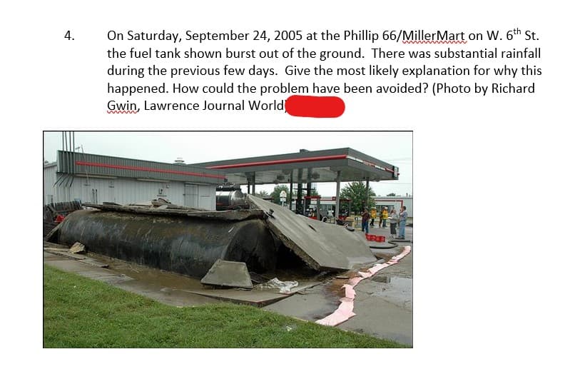 4.
On Saturday, September 24, 2005 at the Phillip 66/MillerMart on W. 6th St.
the fuel tank shown burst out of the ground. There was substantial rainfall
during the previous few days. Give the most likely explanation for why this
happened. How could the problem have been avoided? (Photo by Richard
Gwin, Lawrence Journal World