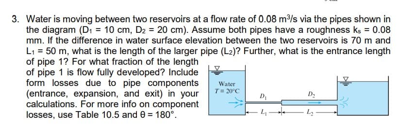 3. Water is moving between two reservoirs at a flow rate of 0.08 m³/s via the pipes shown in
the diagram (D₁ = 10 cm, D₂ = 20 cm). Assume both pipes have a roughness ks = 0.08
mm. If the difference in water surface elevation between the two reservoirs is 70 m and
L₁ = 50 m, what is the length of the larger pipe (L2)? Further, what is the entrance length
of pipe 1? For what fraction of the length
of pipe 1 is flow fully developed? Include
form losses due to pipe components
(entrance, expansion, and exit) in your
calculations. For more info on component
losses, use Table 10.5 and 0 = 180°.
Water
T = 20°C
D₁
D₂
1₂2.