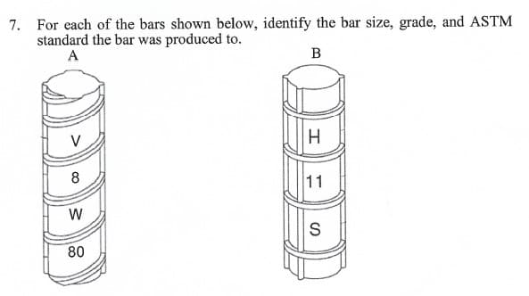 7. For each of the bars shown below, identify the bar size, grade, and ASTM
standard the bar was produced to.
A
B
V
8
W
80
H
11
S