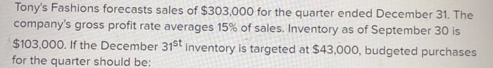 Tony's Fashions forecasts sales of $303,000 for the quarter ended December 31. The
company's gross profit rate averages 15% of sales. Inventory as of September 30 is
$103,000. If the December 31st inventory is targeted at $43,000, budgeted purchases
for the quarter should be: