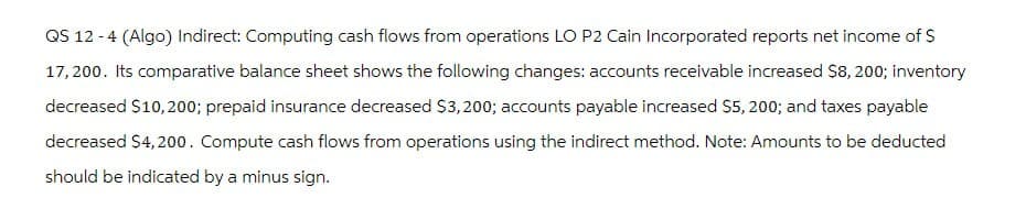 QS 12-4 (Algo) Indirect: Computing cash flows from operations LO P2 Cain Incorporated reports net income of $
17,200. Its comparative balance sheet shows the following changes: accounts receivable increased $8, 200; inventory
decreased $10,200; prepaid insurance decreased $3,200; accounts payable increased $5,200; and taxes payable
decreased $4,200. Compute cash flows from operations using the indirect method. Note: Amounts to be deducted
should be indicated by a minus sign.